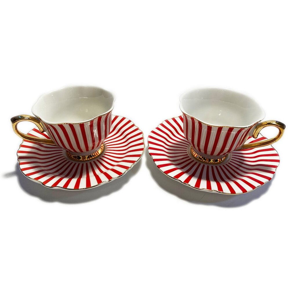 2 Sets NEW Movie Star Bone China Red & White Stripe Fluted Espresso 2-Pc Sets…